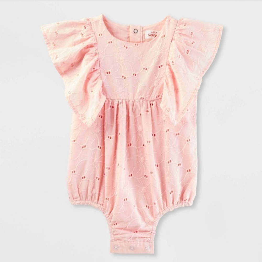 Cat & Jack Pink Eyelet Ruffle Sleeve One Piece Baby Girls' Bubble Romper Peach